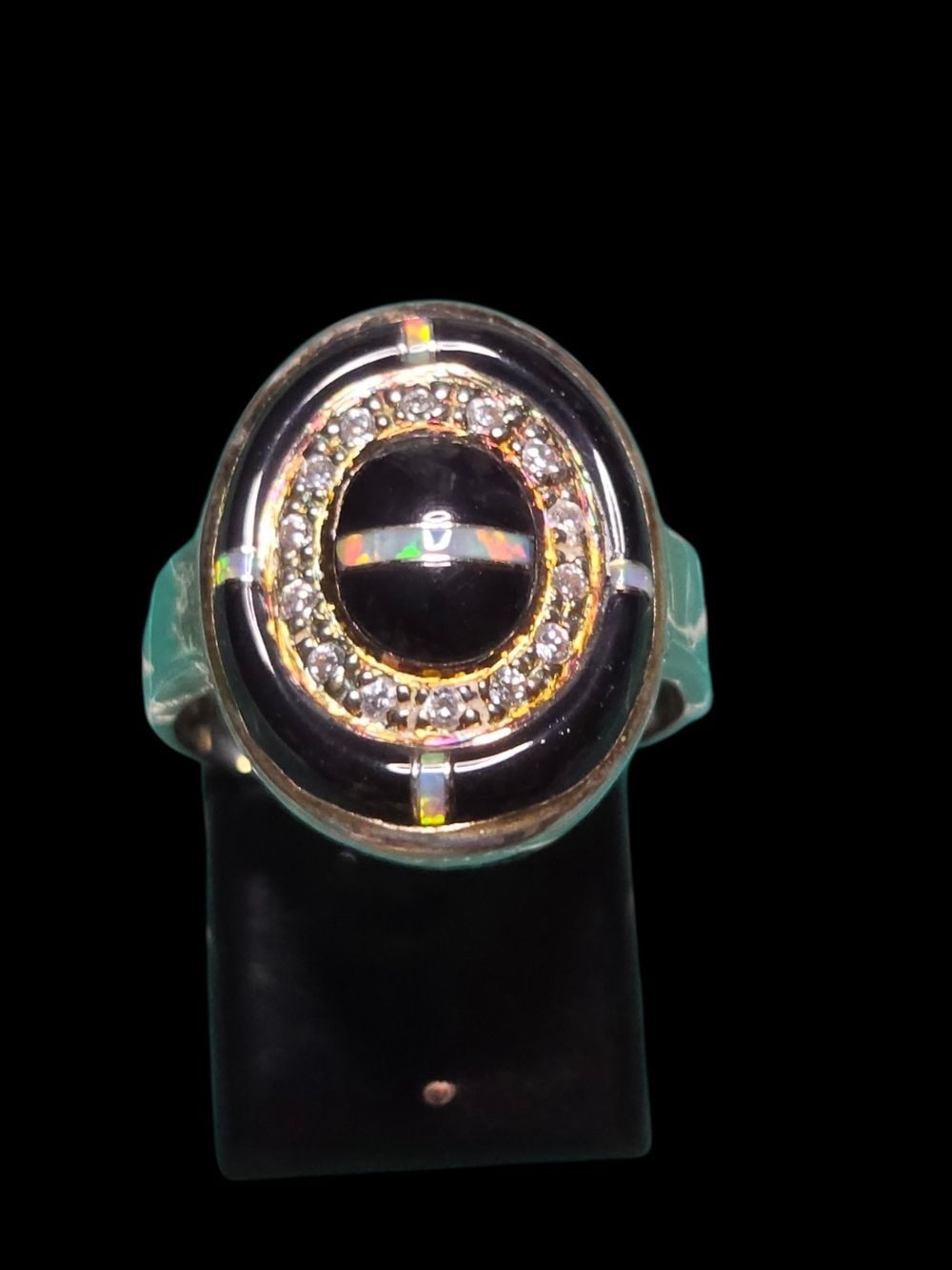 Sterling Silver Black Onyx Opal CZ Oval Inlay Ring Size 6.5 Signed ROX
